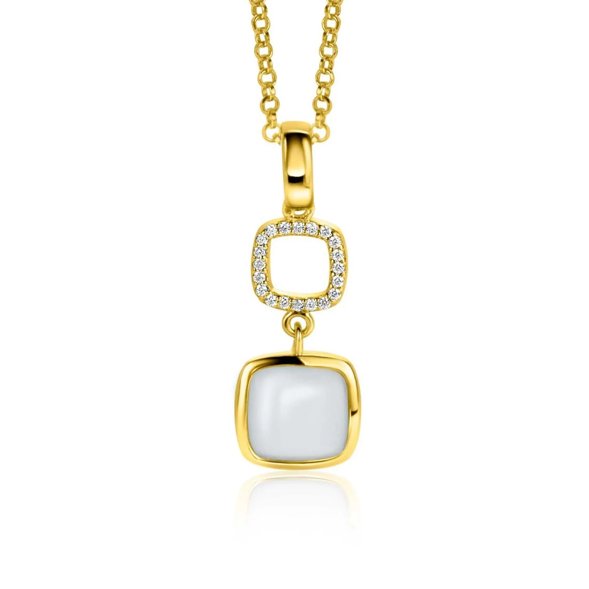 ZINZI gold plated zilveren tweezijdige hanger 30mm vierkant met witte onyx en mintgroene kleursteen ZIH2308 (zonder collier)
