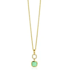 ZINZI gold plated zilveren tweezijdige hanger 30mm vierkant met witte onyx en mintgroene kleursteen ZIH2308 (zonder collier)
