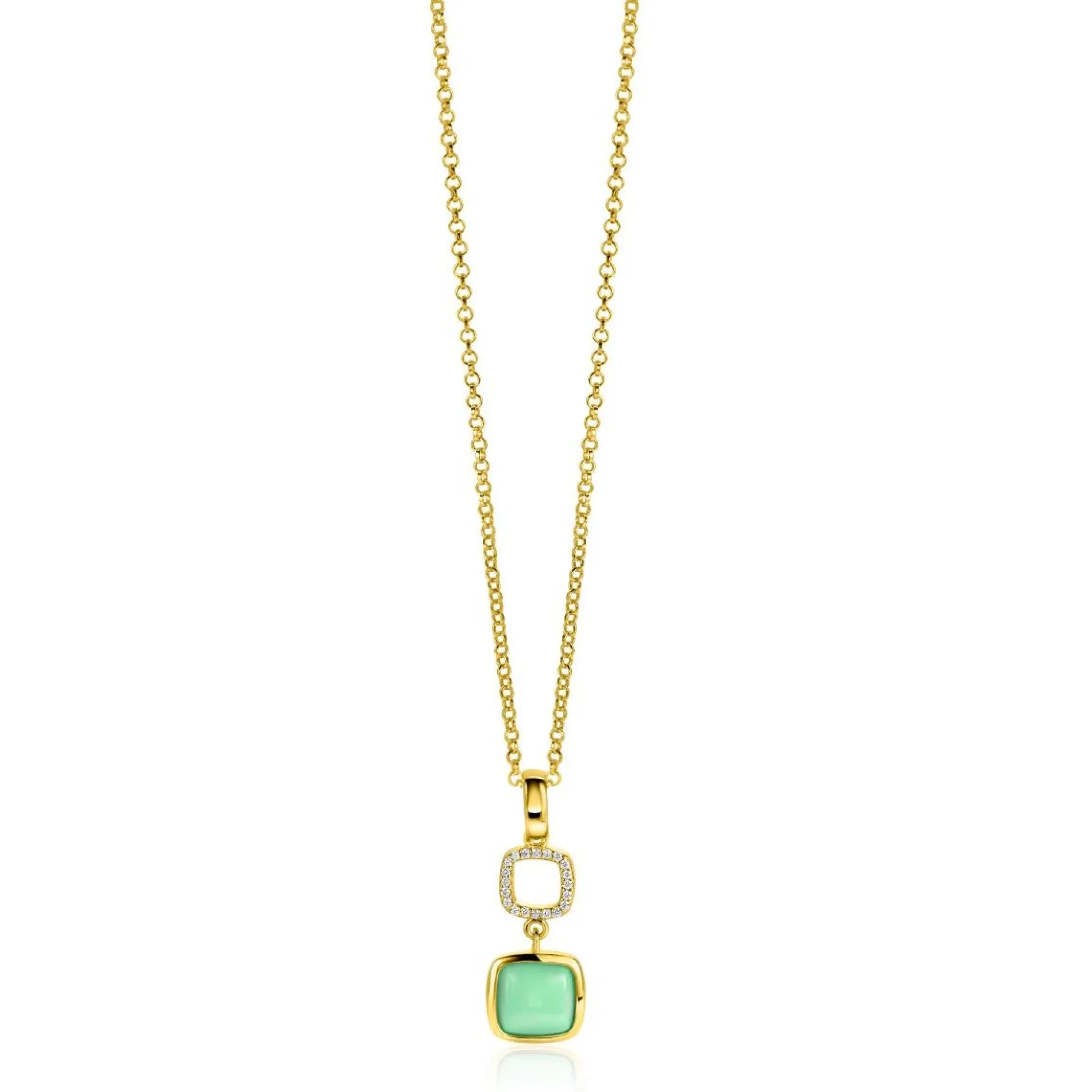 ZINZI gold plated zilveren tweezijdige hanger 30mm vierkant met witte onyx en mintgroene kleursteen ZIH2308 (zonder collier)