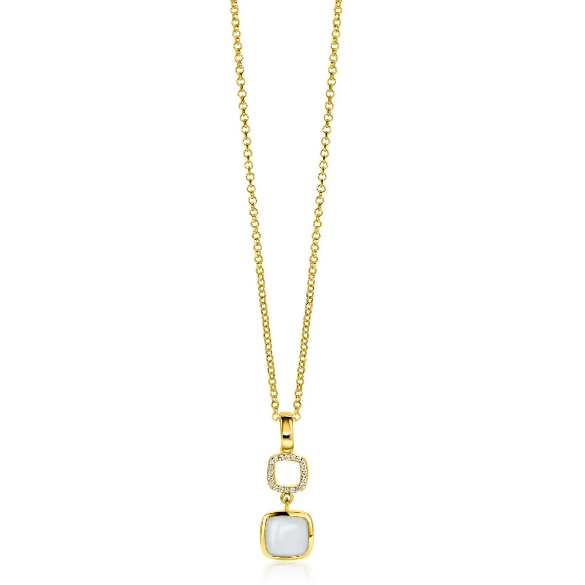 ZINZI gold plated zilveren tweezijdige hanger 30mm vierkant met witte onyx en mintgroene kleursteen ZIH2308 (zonder collier)