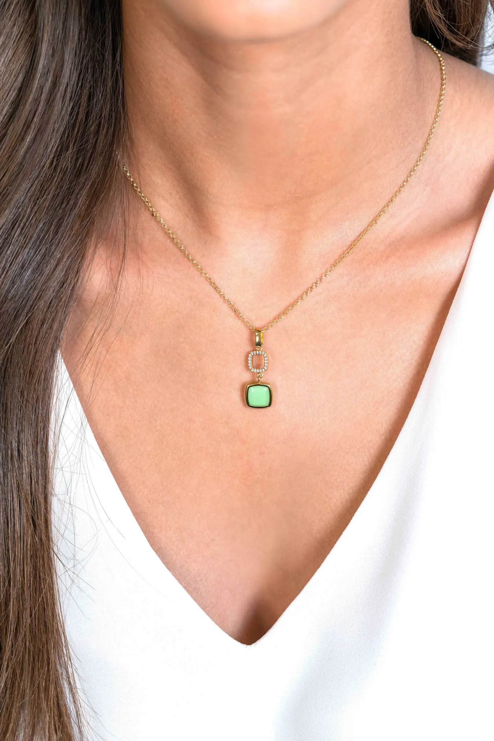 ZINZI gold plated zilveren tweezijdige hanger 30mm vierkant met witte onyx en mintgroene kleursteen ZIH2308 (zonder collier)