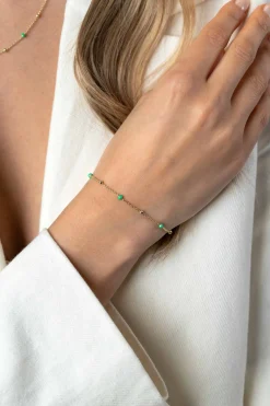 ZINZI gold plated zilveren fantasie armband met 5 groene donuts en glanzende bolletjes 17-19,5cm ZIA2509