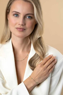 ZINZI gold plated zilveren fantasie armband met 5 groene donuts en glanzende bolletjes 17-19,5cm ZIA2509