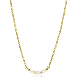 ZINZI gold plated zilveren schakelketting met drie witte natuurlijk gevormde zoetwaterparels in het midden 42-45cm ZIC2643