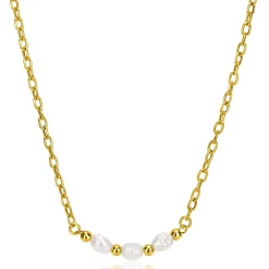 ZINZI gold plated zilveren schakelketting met drie witte natuurlijk gevormde zoetwaterparels in het midden 42-45cm ZIC2643