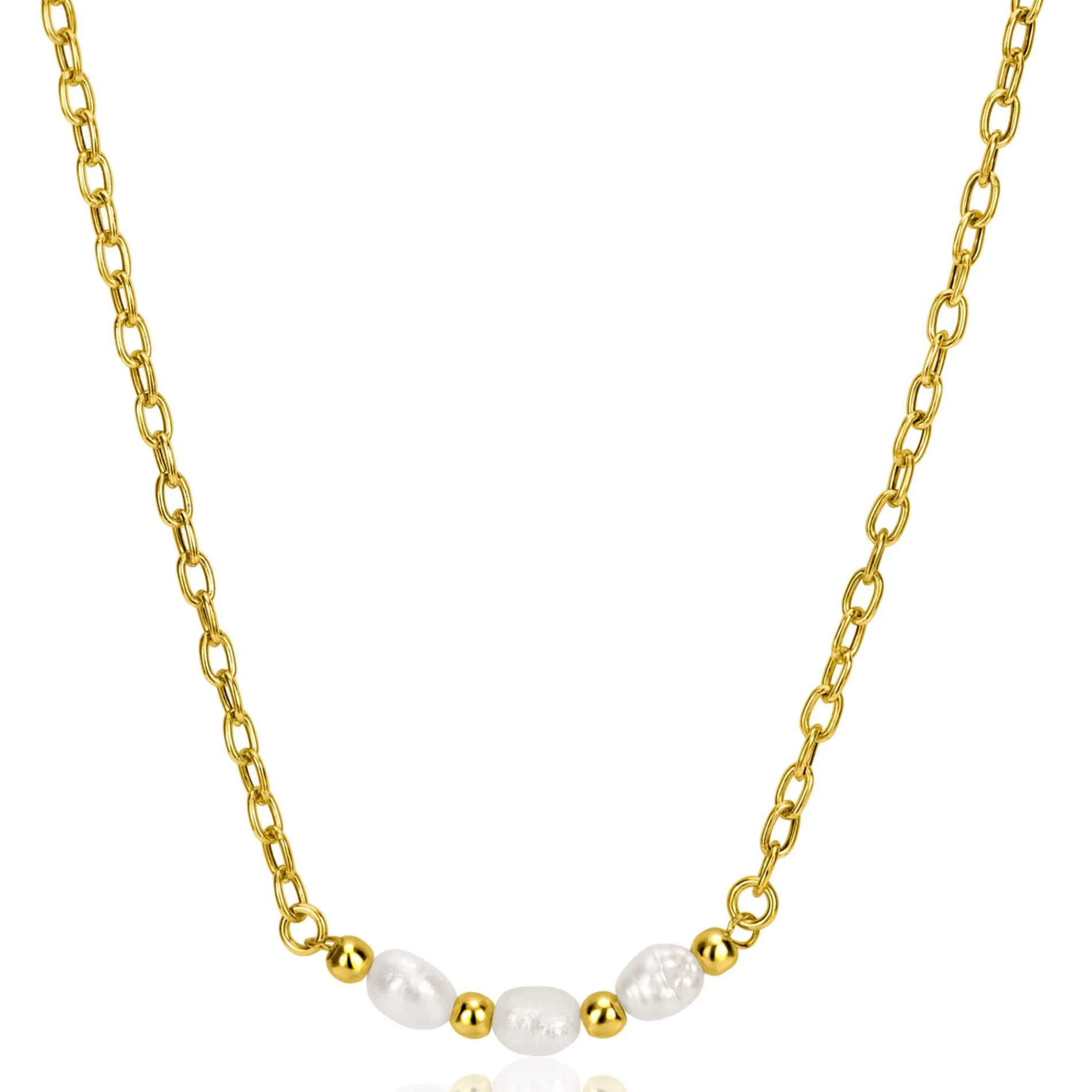ZINZI gold plated zilveren schakelketting met drie witte natuurlijk gevormde zoetwaterparels in het midden 42-45cm ZIC2643
