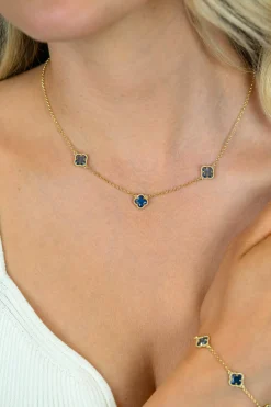 ZINZI gold plated zilveren schakelketting met twee lichtblauwe klavers en een donkerblauwe klaver 42-45cm ZIC2662B