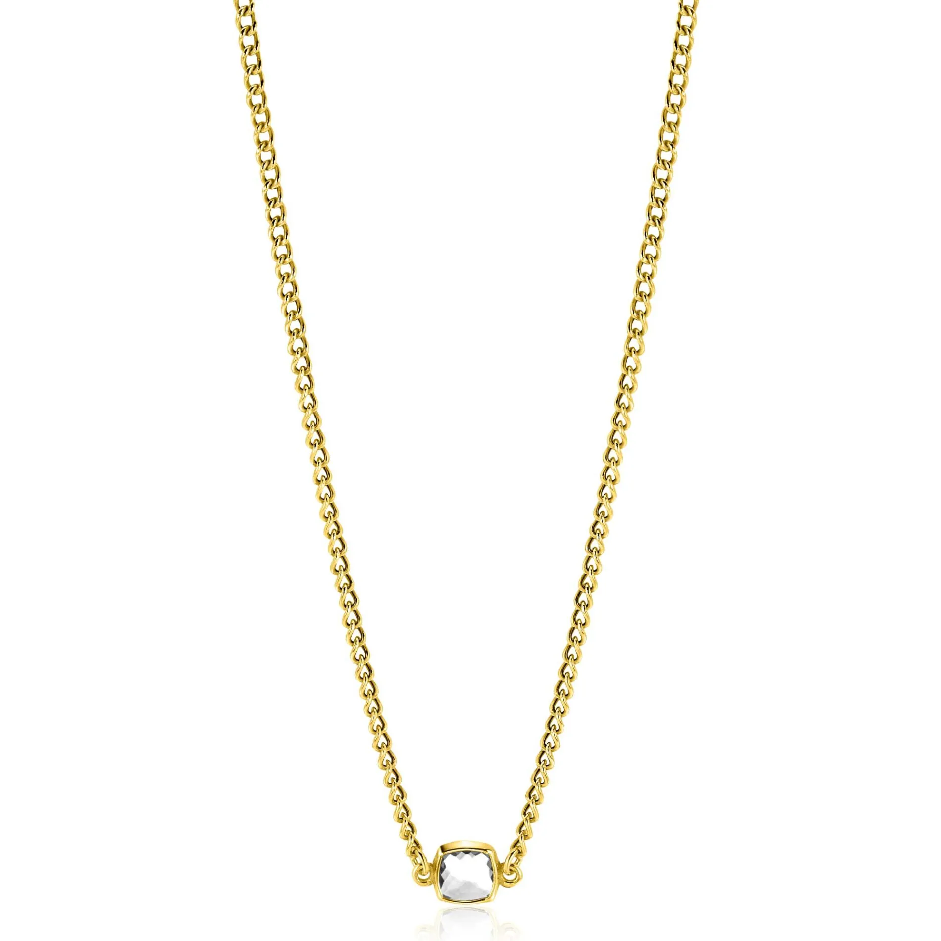 ZINZI gold plated zilveren gourmet ketting met vierkante zetting bezet met witte zirconia 40-45cm ZIC2417Y