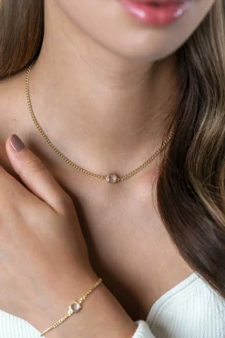 ZINZI gold plated zilveren gourmet ketting met vierkante zetting bezet met witte zirconia 40-45cm ZIC2417Y