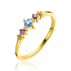 ZINZI gold plated zilveren ring met blauw, paars en champagne kleurstenen in ruitvorm ZIR2443
