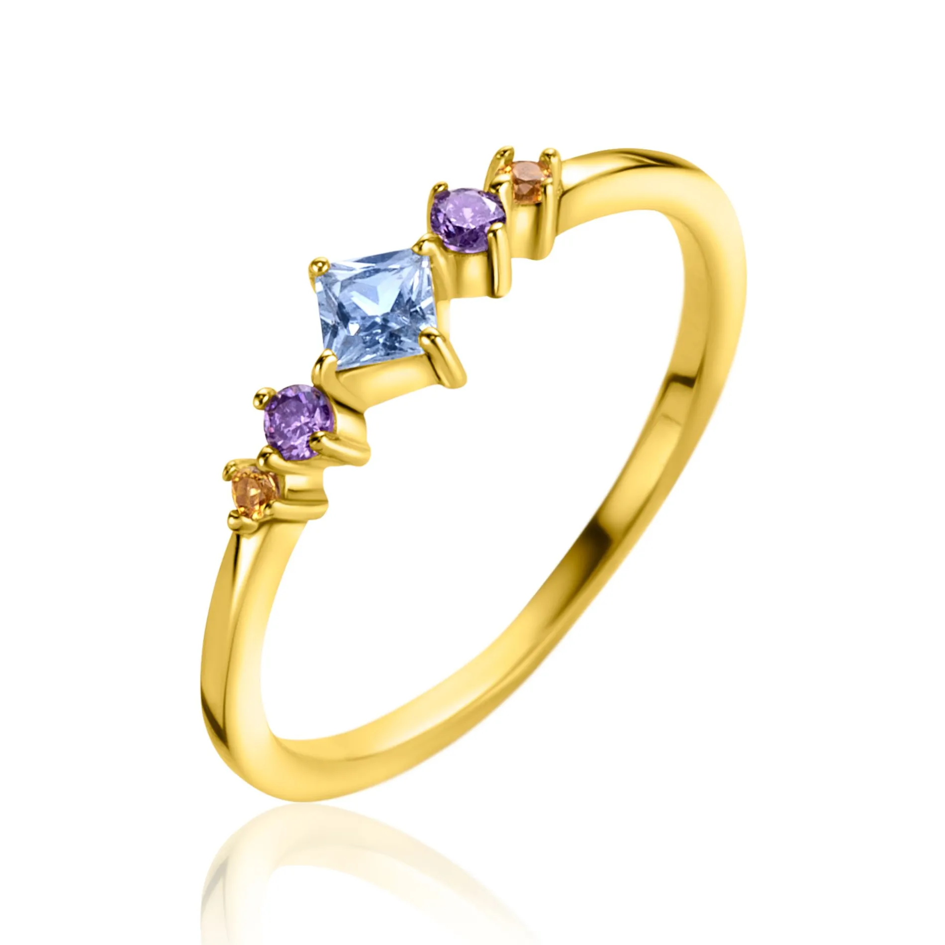 ZINZI gold plated zilveren ring met blauw, paars en champagne kleurstenen in ruitvorm ZIR2443