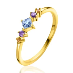 ZINZI gold plated zilveren ring met blauw, paars en champagne kleurstenen in ruitvorm ZIR2443