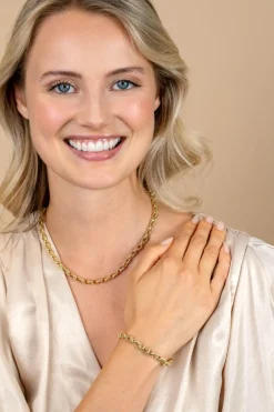 ZINZI gold plated zilveren brede schakelketting (6mm breed) met luxe jasseron schakels in glad en bewerkt 45cm ZIC2638