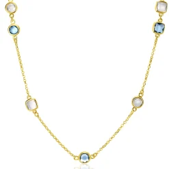 ZINZI gold plated zilveren ketting met ronde en vierkante zettingen jeansblauw en witgrijs 42-45cm ZIC2526G