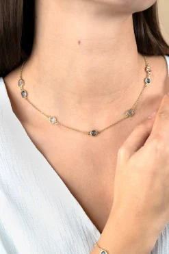 ZINZI gold plated zilveren ketting met ronde en vierkante zettingen jeansblauw en witgrijs 42-45cm ZIC2526G