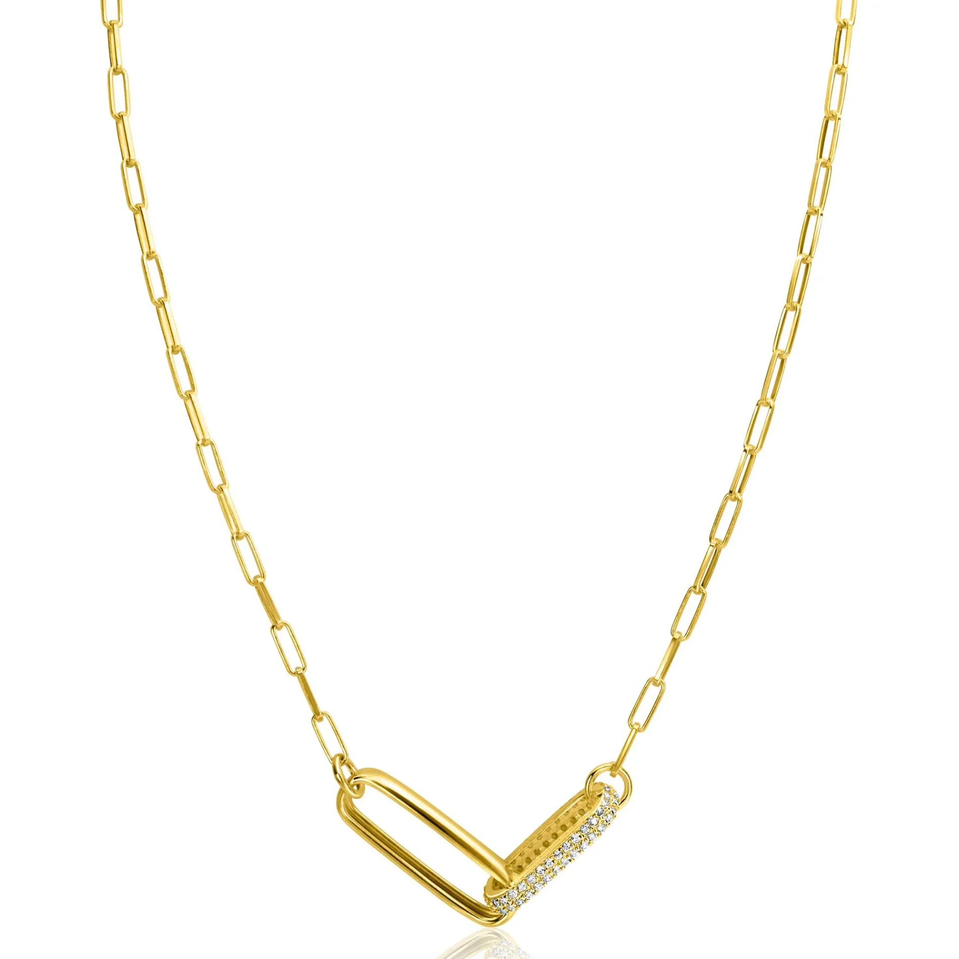 ZINZI gold plated zilveren schakel ketting 45cm met 2 grote ovale schakels, bezet met witte zirconia ZIC2371Y