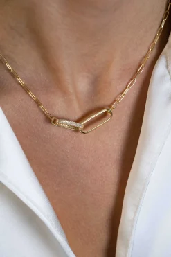 ZINZI gold plated zilveren schakel ketting 45cm met 2 grote ovale schakels, bezet met witte zirconia ZIC2371Y