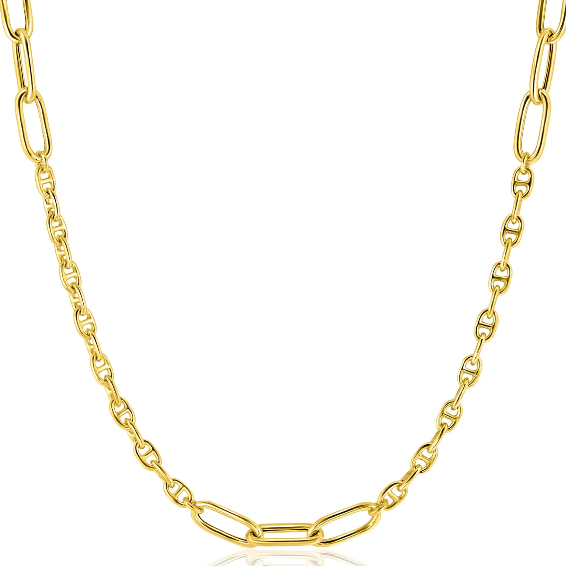 ZINZI gold plated zilveren marine schakel ketting, gecombineerd met grotere ovale schakels 42-45cm ZIC2413G
