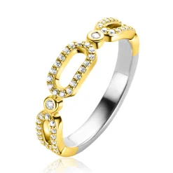 ZINZI gold plated zilveren ring met drie trendy ovale schakels, schitterend bezet met witte zirconia's ZIR2398Y