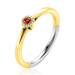 ZINZI gold plated zilveren ring ronde zetting met rood granaat kleursteen en rondom witte zirconia's 4,5mm breed ZIR2560