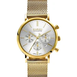 ZINZI horloge CHRONOGRAPH 34mm zilverkleurige wijzerplaat met datum en chronometers, geelgoudkleurige stalen kast, geelgoudkleurige stalen mesh band 18mm ZIW1533