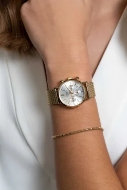 ZINZI horloge CHRONOGRAPH 34mm zilverkleurige wijzerplaat met datum en chronometers, geelgoudkleurige stalen kast, geelgoudkleurige stalen mesh band 18mm ZIW1533