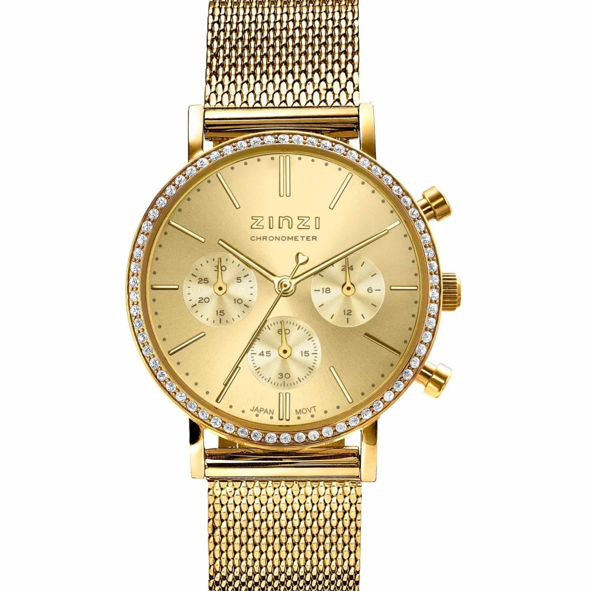 ZINZI horloge CHRONOGRAPH 36mm stopwatch geelgoudkleurige wijzerplaat, geelgoudkleurige stalen kast met crystals, geelgoudkleurige stalen mesh band 18mm ZIW1610