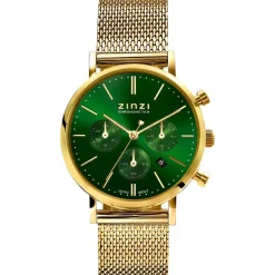 ZINZI horloge CHRONOGRAPH 34mm groene wijzerplaat met datum en chronometers, geelgoudkleurige stalen kast, geelgoudkleurige stalen mesh band 18mm ZIW1535
