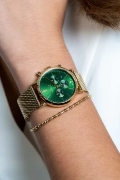 ZINZI horloge CHRONOGRAPH 34mm groene wijzerplaat met datum en chronometers, geelgoudkleurige stalen kast, geelgoudkleurige stalen mesh band 18mm ZIW1535