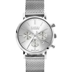 ZINZI horloge CHRONOGRAPH 34mm zilverkleurige wijzerplaat met datum en chronometers, stalen kast, stalen mesh band 18mm ZIW1502