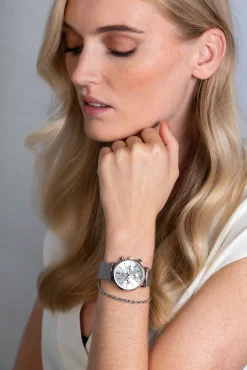 ZINZI horloge CHRONOGRAPH 34mm zilverkleurige wijzerplaat met datum en chronometers, stalen kast, stalen mesh band 18mm ZIW1502