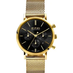 ZINZI horloge CHRONOGRAPH 34mm zwarte wijzerplaat met datum en chronometers, geelgoudkleurige stalen kast, geelgoudkleurige stalen mesh band 18mm ZIW1543