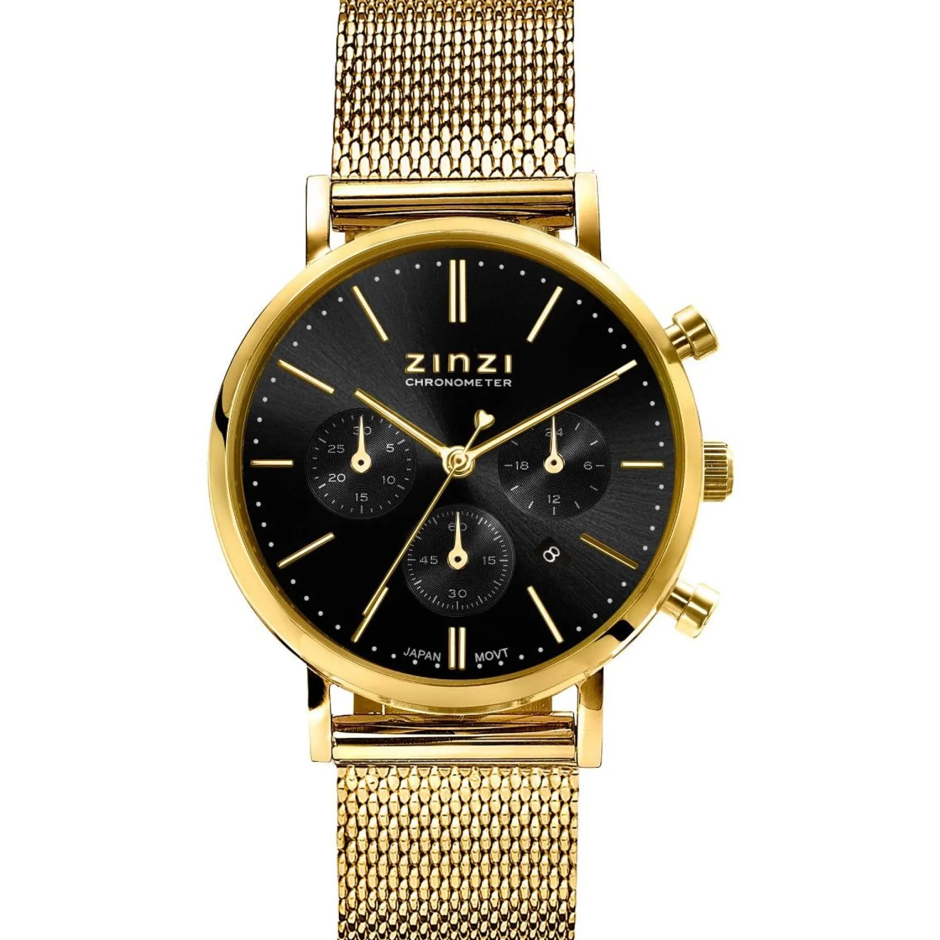 ZINZI horloge CHRONOGRAPH 34mm zwarte wijzerplaat met datum en chronometers, geelgoudkleurige stalen kast, geelgoudkleurige stalen mesh band 18mm ZIW1543