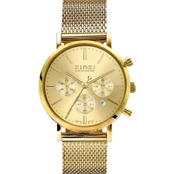 ZINZI horloge CHRONOGRAPH 34mm geelgoudkleurige wijzerplaat met datum en chronometers, geelgoudkleurige stalen kast, geelgoudkleurige stalen mesh band 18mm ZIW1510