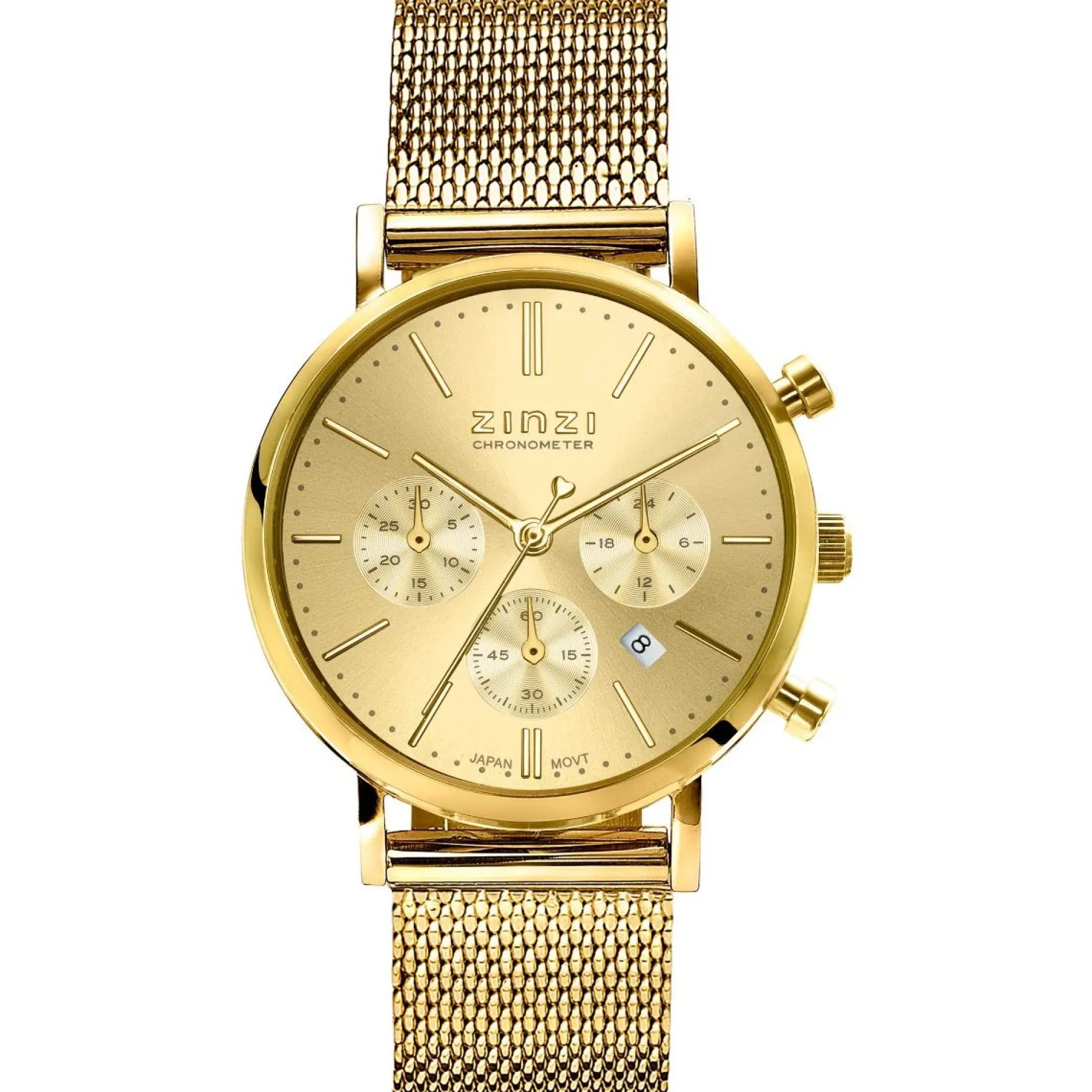 ZINZI horloge CHRONOGRAPH 34mm geelgoudkleurige wijzerplaat met datum en chronometers, geelgoudkleurige stalen kast, geelgoudkleurige stalen mesh band 18mm ZIW1510