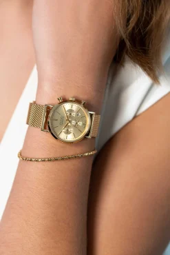 ZINZI horloge CHRONOGRAPH 34mm geelgoudkleurige wijzerplaat met datum en chronometers, geelgoudkleurige stalen kast, geelgoudkleurige stalen mesh band 18mm ZIW1510