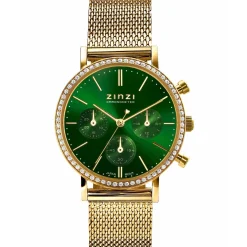 ZINZI horloge CHRONOGRAPH 36mm stopwatch groene wijzerplaat, geelgoudkleurige stalen kast met crystals, geelgoudkleurige stalen mesh band 18mm ZIW1635