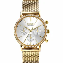 ZINZI horloge CHRONOGRAPH 36mm stopwatch zilverkleurige wijzerplaat, geelgoudkleurige stalen kast met crystals, geelgoudkleurige stalen mesh band 18mm ZIW1633