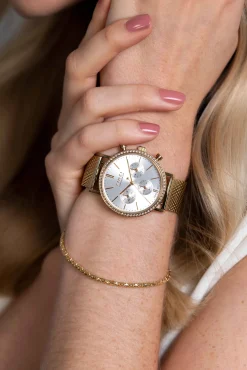 ZINZI horloge CHRONOGRAPH 36mm stopwatch zilverkleurige wijzerplaat, geelgoudkleurige stalen kast met crystals, geelgoudkleurige stalen mesh band 18mm ZIW1633