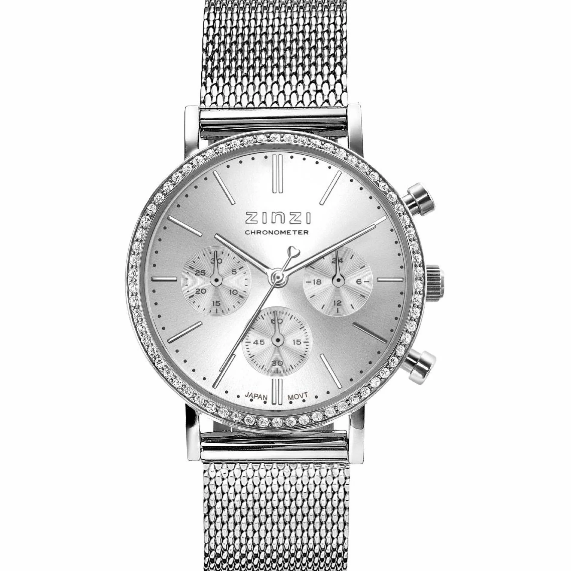 ZINZI horloge CHRONOGRAPH 36mm stopwatch zilverkleurige wijzerplaat, stalen kast met crystals, stalen mesh band 18mm ZIW1602