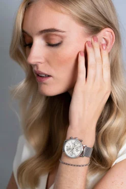 ZINZI horloge CHRONOGRAPH 36mm stopwatch zilverkleurige wijzerplaat, stalen kast met crystals, stalen mesh band 18mm ZIW1602