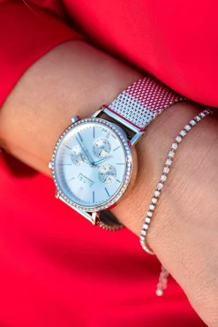ZINZI horloge CHRONOGRAPH 36mm stopwatch zilverkleurige wijzerplaat, stalen kast met crystals, stalen mesh band 18mm ZIW1602