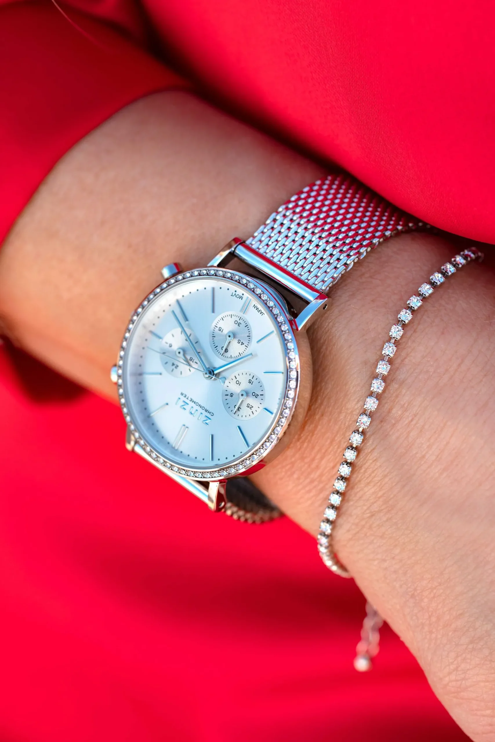 ZINZI horloge CHRONOGRAPH 36mm stopwatch zilverkleurige wijzerplaat, stalen kast met crystals, stalen mesh band 18mm ZIW1602