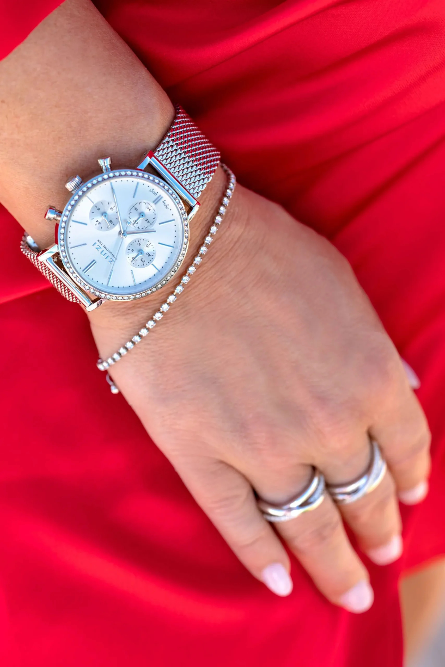 ZINZI horloge CHRONOGRAPH 36mm stopwatch zilverkleurige wijzerplaat, stalen kast met crystals, stalen mesh band 18mm ZIW1602
