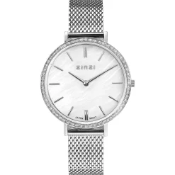 ZINZI horloge GRACE 34mm wit parelmoer wijzerplaat, rondom bezet met witte crystals, stalen kast en band ziw1317