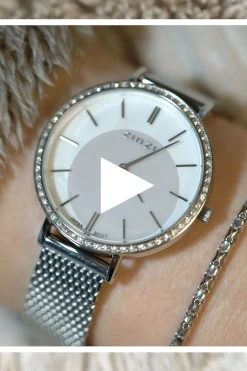 ZINZI horloge GRACE 34mm wit parelmoer wijzerplaat, rondom bezet met witte crystals, stalen kast en band ziw1317