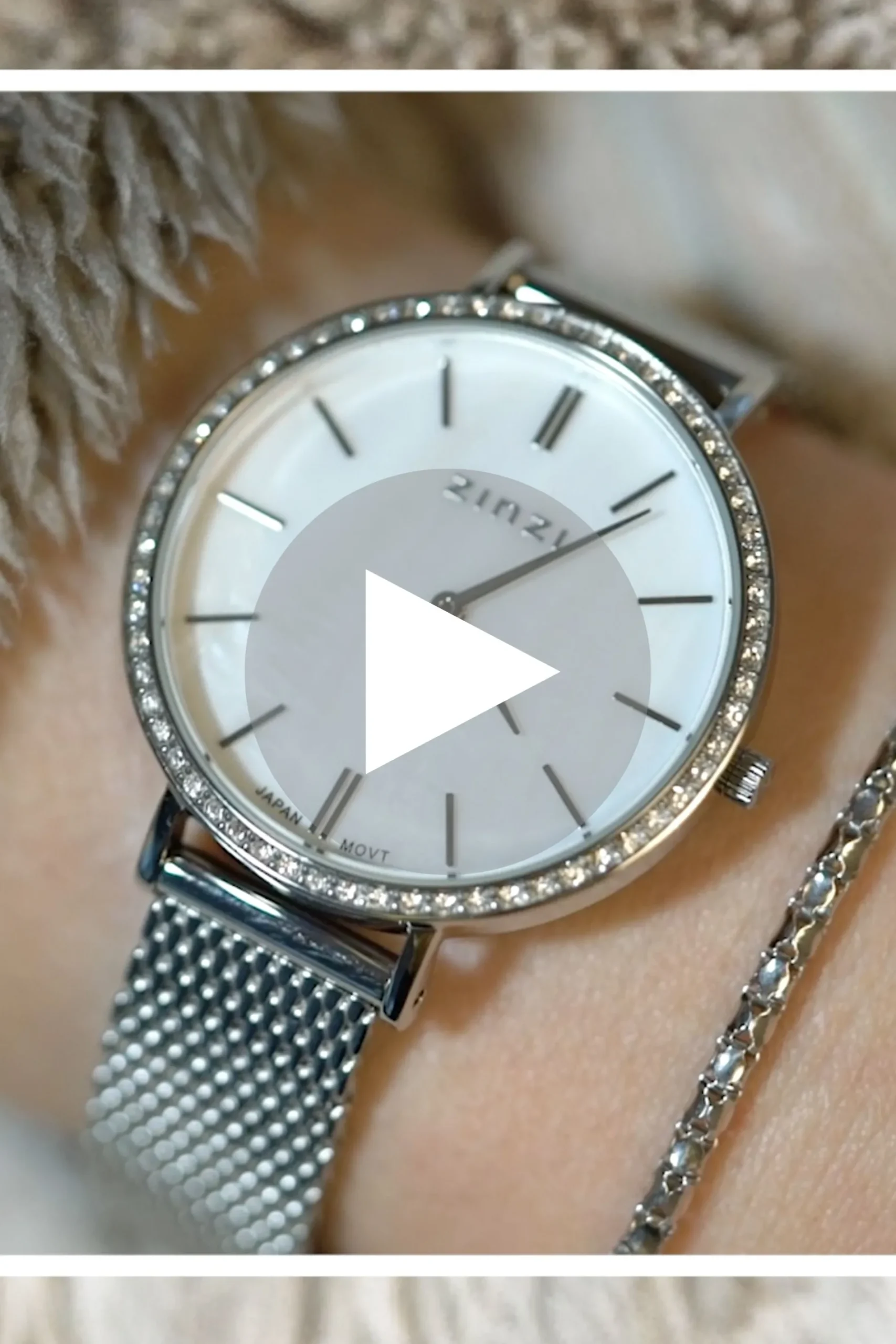ZINZI horloge GRACE 34mm wit parelmoer wijzerplaat, rondom bezet met witte crystals, stalen kast en band ziw1317