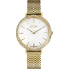 ZINZI horloge GRACE 34mm wit parelmoer wijzerplaat, rondom bezet met witte crystals, goudkleurige stalen kast en band ziw1334