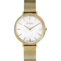 ZINZI horloge GRACE 34mm wit parelmoer wijzerplaat, rondom bezet met witte crystals, goudkleurige stalen kast en band ziw1334