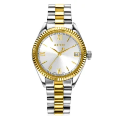 ZINZI Iconic horloge 30mm met datum, goudgekleurde gekartelde rand, zilverkleurige wijzerplaat en stalen bicolor schakelband ZIW2233